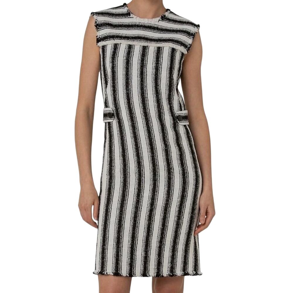 Akris Punto Black Ivory Pinstripe Button Detail Raw Edge Tweed Dress Size 8